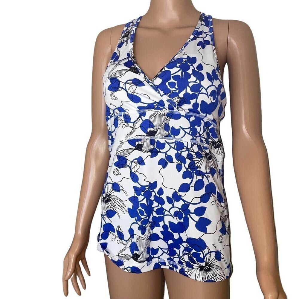 Zella Floral Tropical Print Halter Tankini Blue & White Size M